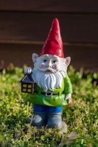 A small garden gnome stands in short green grass. He has a red pointy hat, white beard and mustache, a green shirt, and blue pants. He holds a lantern up in his right hand.