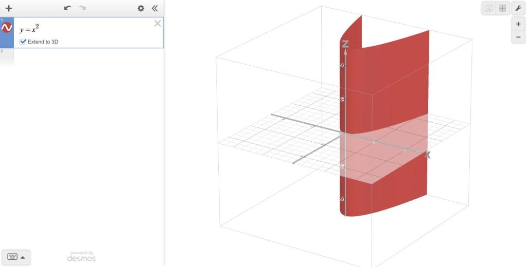 A screen grab of Desmos graphing online with an oblong 3D shape shaded red.