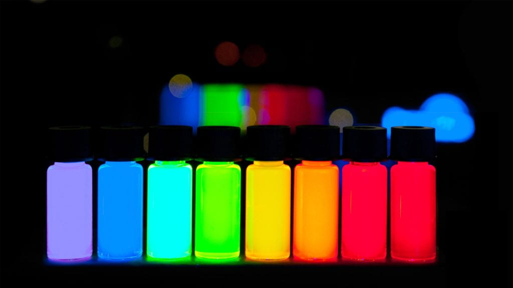 Quantum dots can fluoresce in every color of the rainbow