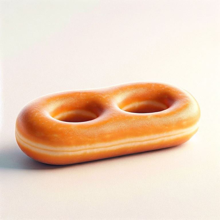 A two-holed donut sits against a tan background. The light glints off the glaze.